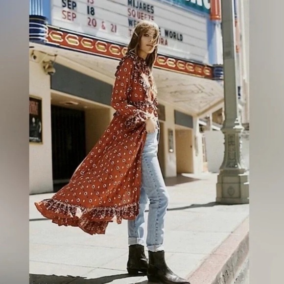 Free People Tops - Free People Rust Boho Printed Ruffle Longline Duster